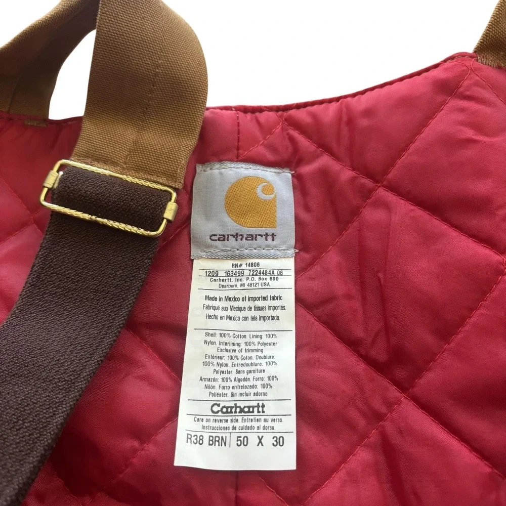 Carhartt Bib Overalls Mens 50x30 Brown R38 Duck Insulated Quilt Lined Workwear